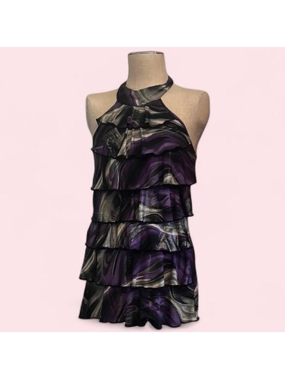 💜🖤 y2k purple and black shimmer ruffle layered mini club dress ! 🖤💜